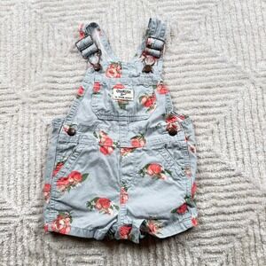 OshKosh One Piece 12M Baby Girls Peach Floral Denim Shortalls Garden Boho